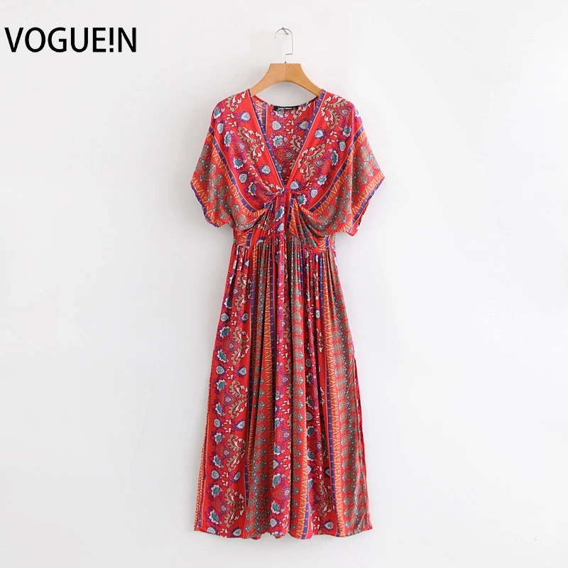 Женское пляжное платье VOGUEIN красное макси с цветочным принтом и глубоким