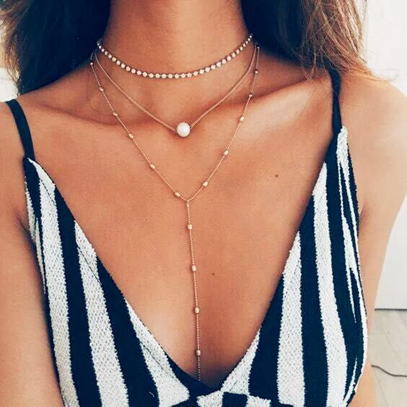 

Hot 1PC High Quality Adjustable Boho Golden Simulated Pearl Crystal Long Pendant Multilayer Statement Necklaces