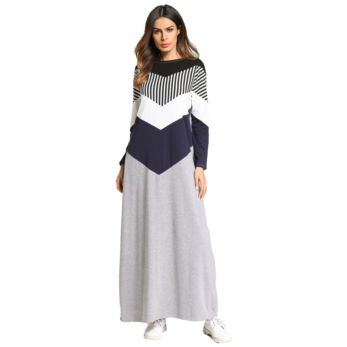 

Women Color Block Dresses Urban Casual T Shirt Dress Long Sleeve Stripes Patchwork Loose Muslim Long Dress
