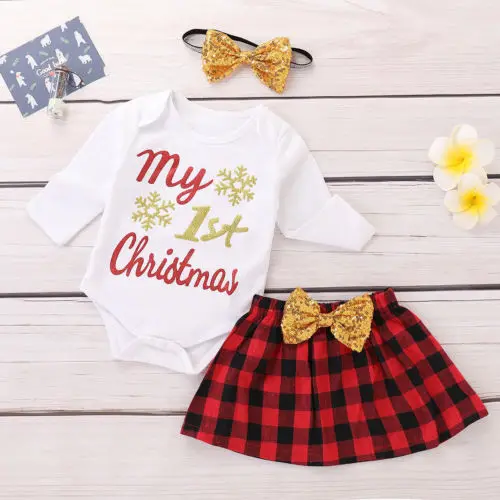 Рождественская Одежда для новорожденных и маленьких девочек; комбинезон с юбкой-пачкой для первого Рождества