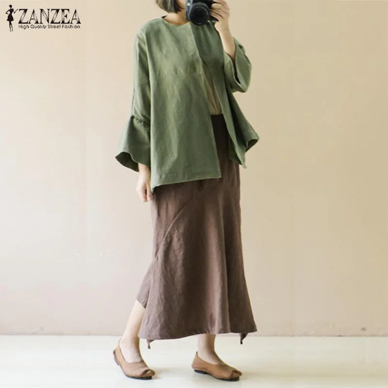 

2019 ZNAZEA Vintage Women Spring Long Sleeve Loose Solid Cotton Linen Blouse Open Front Thin Coat Cardigan Casual Shirt Work Top