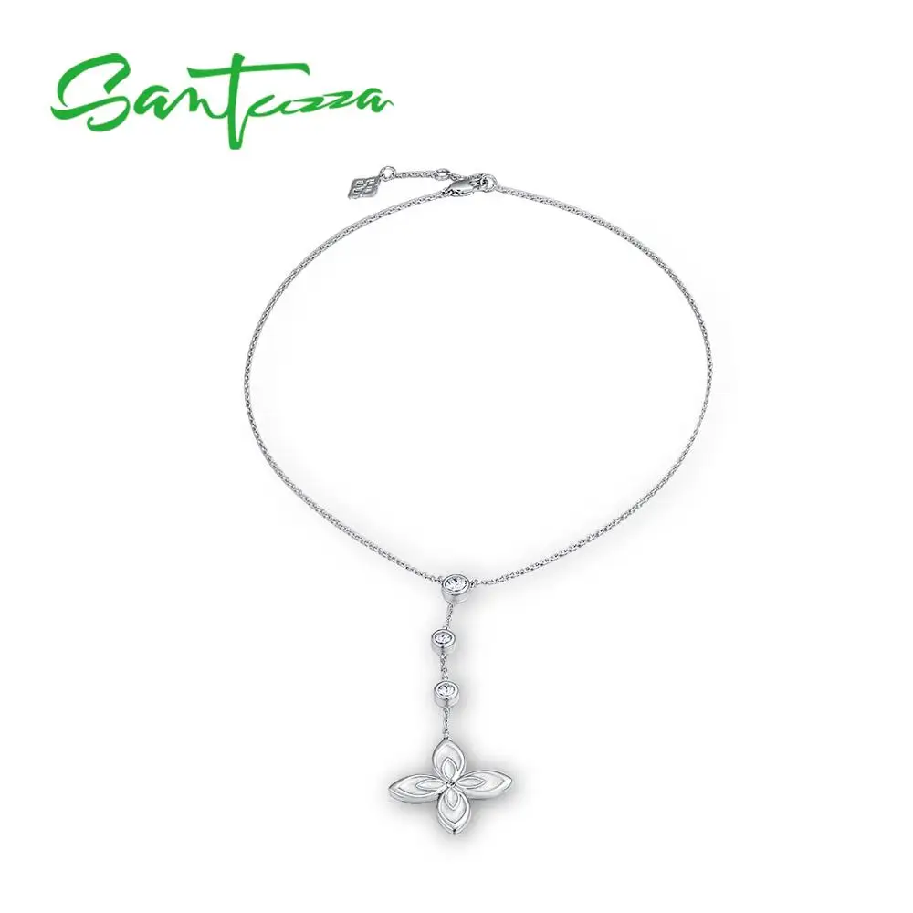 

SANTUZZA Flower Necklace For Woman White Rhombus Flower Sparkling Crystal Necklace Party Fashion Jewelry HANDMADE Enamel