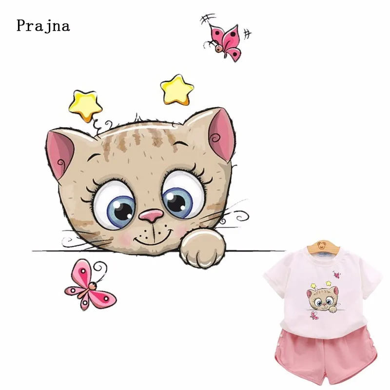 

Prajna Cartoon Cat Transfer Cute Big Eyes With Butterfly Patch For Clothing Kids Beauty Iron-on Heat Transfer Star High Quality