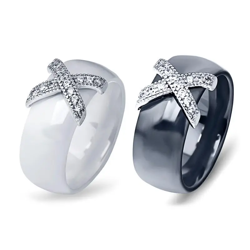 

Couple Black And White Ceramic Ring Titanium Steel X Shaped Ring Micro Inlaid Color Enduring Wear Resisting Ring For Women Lady