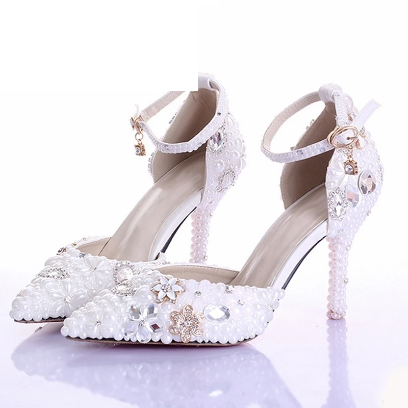 

Rhinestone Pearl Wedding Dress Shoes Pointed Toe Stiletto Heels White 9cm Women Lady Cocktail Evening Bridal Shoes Prom Pumps