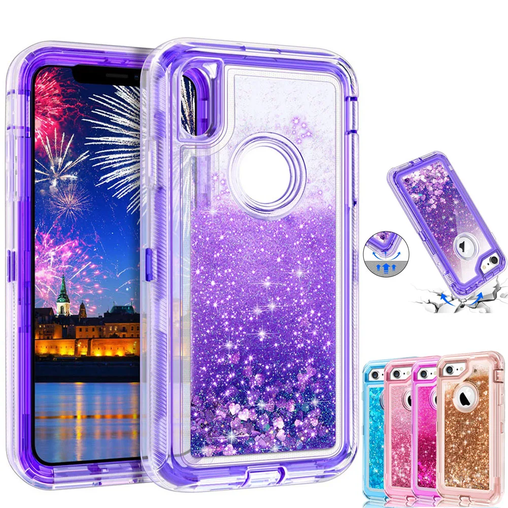 

For Iphone XS Max XR 8 Plus 7 6S 360 Cover Glitter Transparent Liquid Hard Full Protection 3 in1 TPU Bling Clear Quicksand Case
