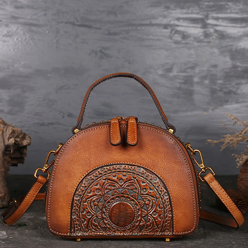 

Genuine Leather Top Handle Bag Handbag Vintage Cowhide Totem Pattern High Quality Women Shoulder Tote Embossed Messenger Bags