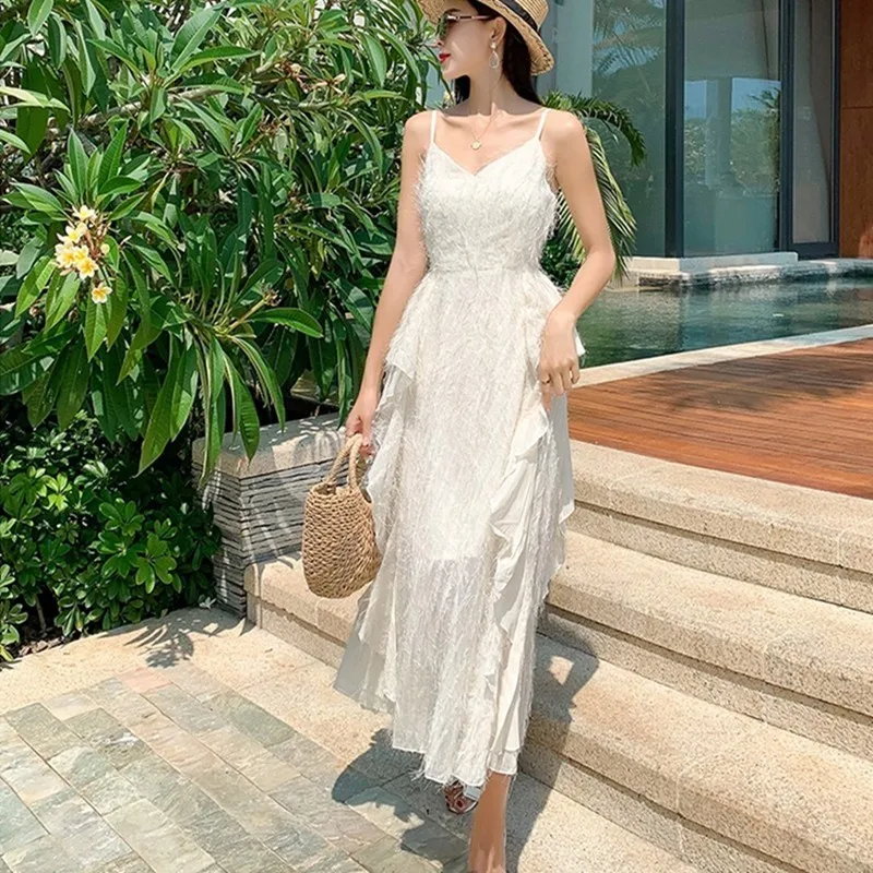 

2019 Summer Women Elegant Spaghetti Straps Ruffles Boho Dress Ladies High Waist Sexy V Neck Backless Long Beach Dresses Vestidos