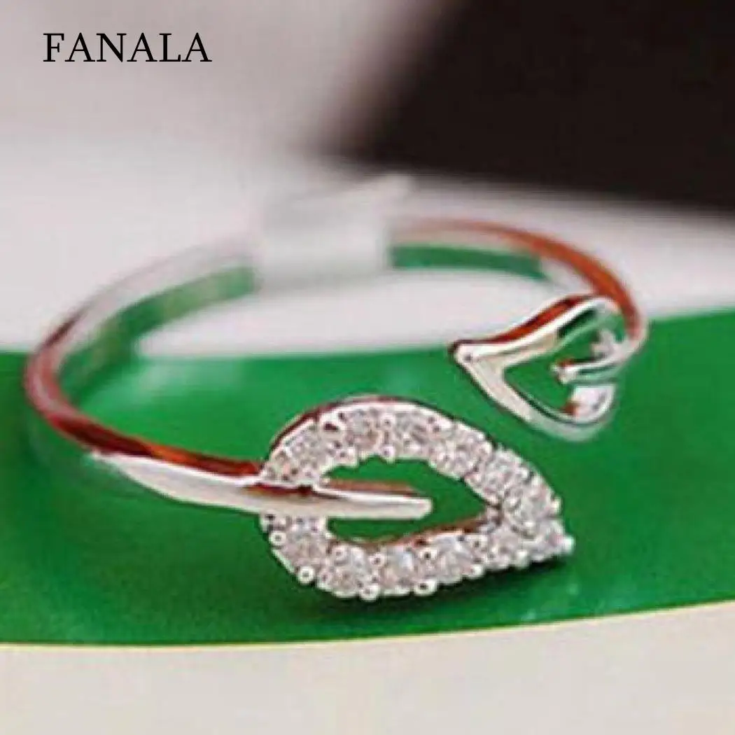 

New 8inch Casual Women Jewelry Golden Heart Charm 2cm and Wedding Fashion Rhinestone 0 Leaves Shape Silver Ring