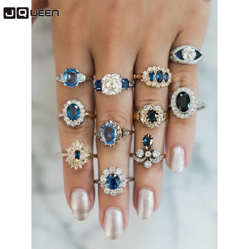

JQUEEN 15Pcs/Set Fashion Vintage Gem Crystal Female Ring Set Silver and gold Midi Finger Rings Women Party Jewelry Gifts