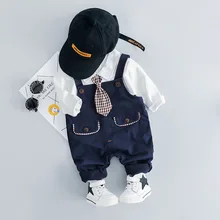 Весенне-осенние комплекты одежды для младенцев комплекты одежды для маленьких мальчиков и девочек рубашка с галстуком и комбинезон детский костюм для отдыха
