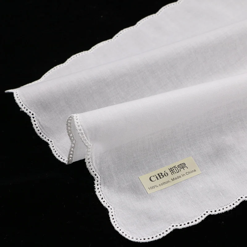 

C004: White cotton 12 pieces picot lace handkerchief with scalloped edge women/ladies wedding handkerchief