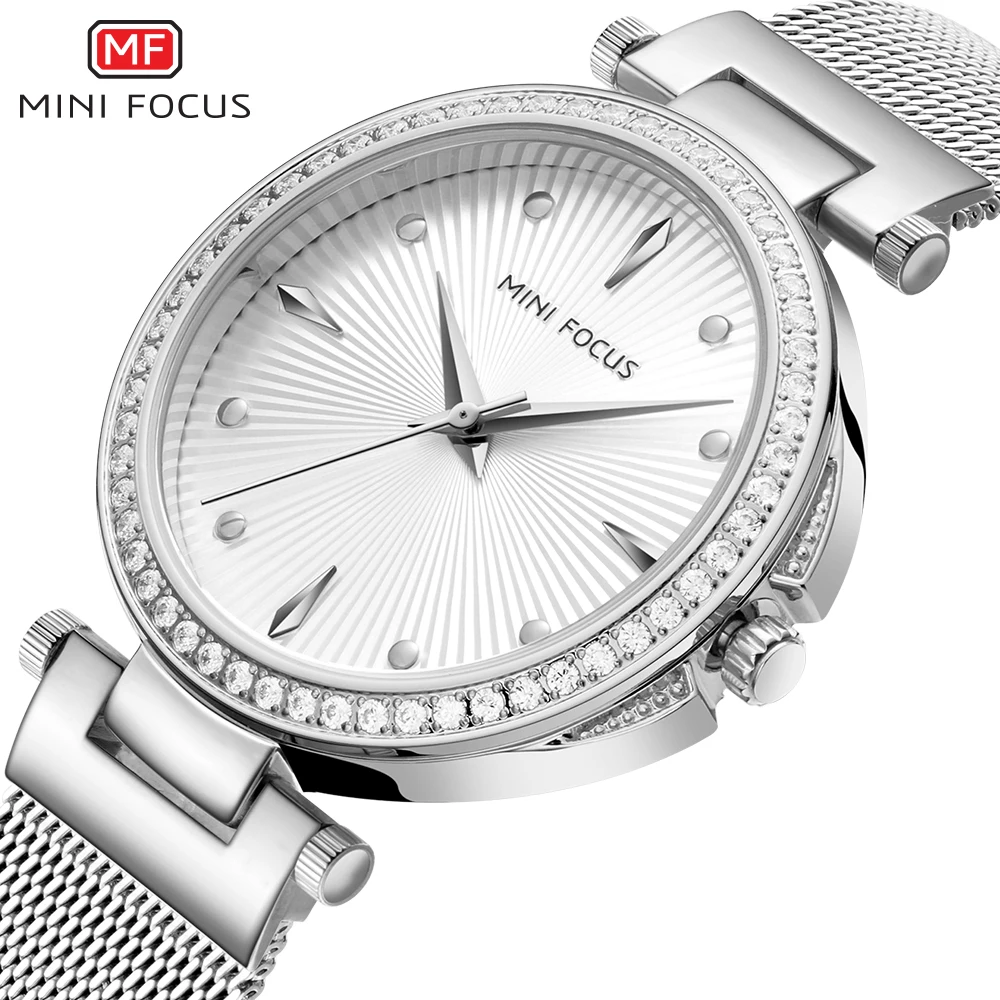 

MINIFOCUS Fashion Elegant Women Watches Sliver Ultra Thin Steel Mesh Strap Crystal Decorated Case Quartz Wrist Watch for Ladies
