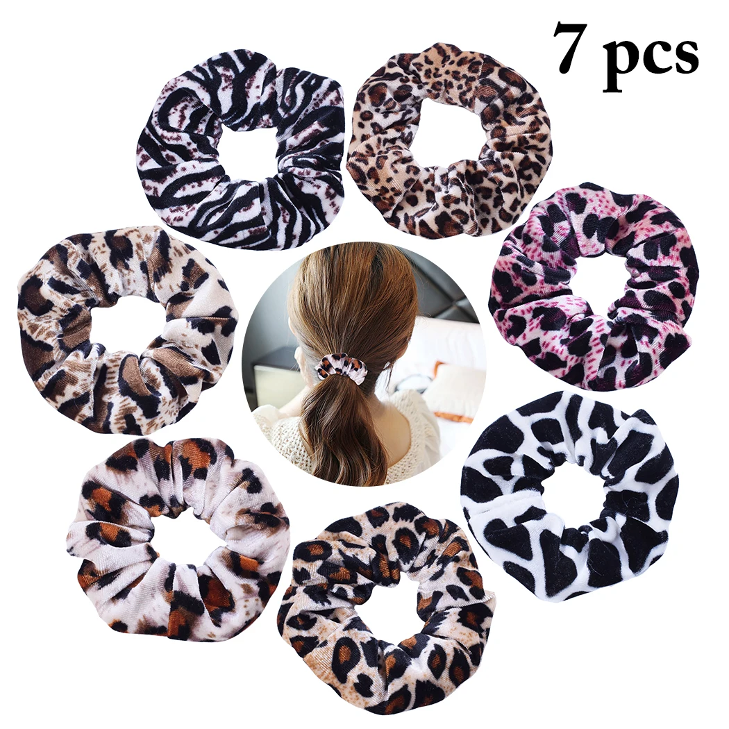 

7pcs Classic Simple Smooth Animal Velvet Hair Scrunchies Leopard Print Houndstooth Pattern Spring Hairbands Accessory Rated