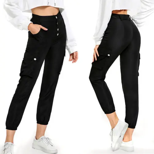 New Women Casual Cargo Pants High Waist Trousers Black Sport Trousers