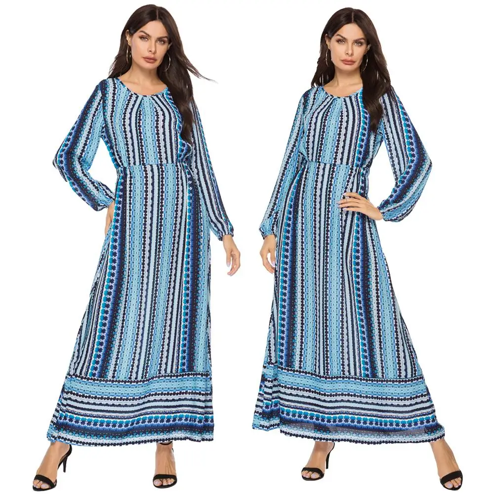 Мода мусульманских Для женщин с принтом Boho шифон длиной макси платье Абаи