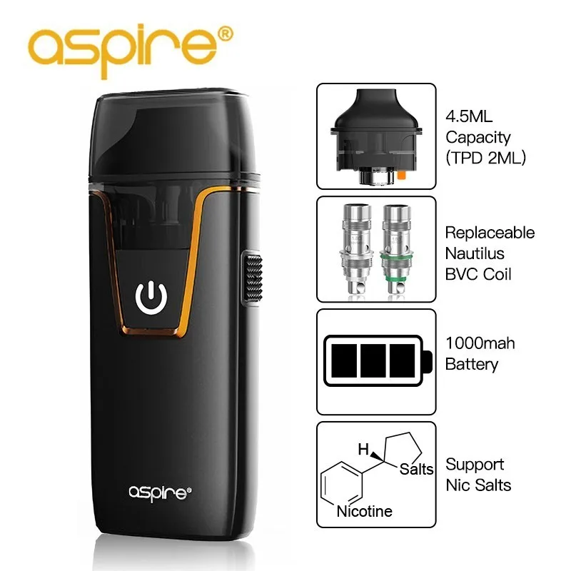 Electronic Cigarette Vape Pod System aspire Nautilus AIO Starter Kit with 1.8ohm NS MTL Coil 4.5ML Capacity Replaceable Cartidge Electronic Cigarette Vape Pod System aspire Nautilus AIO Starter Kit with 1.8ohm NS MTL Coil 4.5ML Capacity Replaceable Cartidge