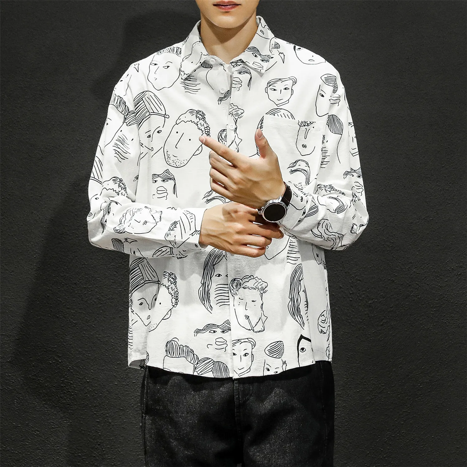 

2019 Korean Style Men's Clothing Cartoon Printing Long Sleeves Hawaiian Coats French Cuff Black/grey/white Shirts Big Size M-5XL