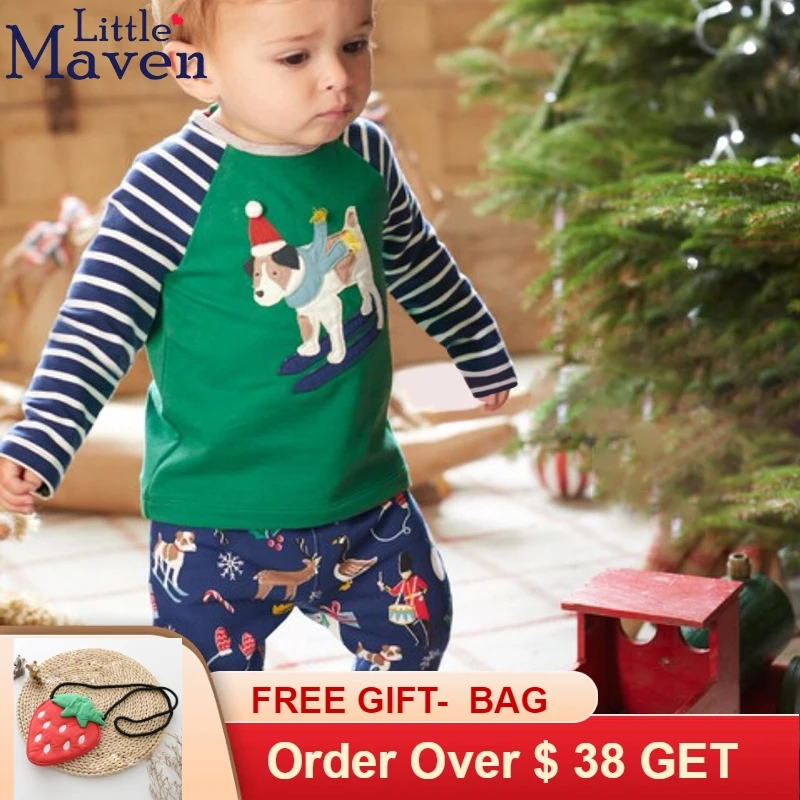 

Little maven fall autumn baby boy set with O neck cute dog pat in top and cartoon printed cotton pant child outfit free ship
