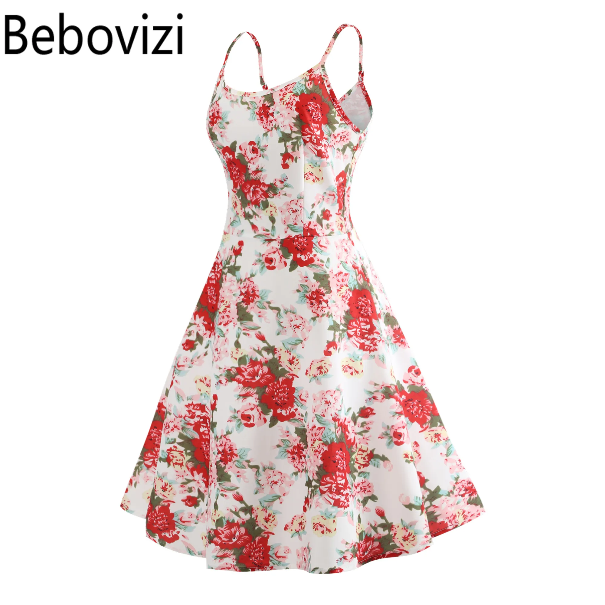 

Bebovizi Fashion Vintage Retro Rockabilly Casual Dress Flowers Clothes Spaghetti Strap Fashion Party Midi Dresses for Women