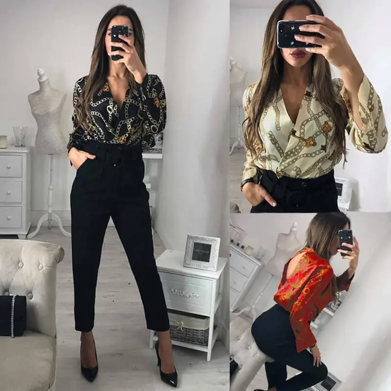 

2019 Fashion Women Sexy Deep V-neck Hollow Back Chain Print Pattern Jumpsuit Long Sleeve Loose Playsuit Bodysuit Overall Romper