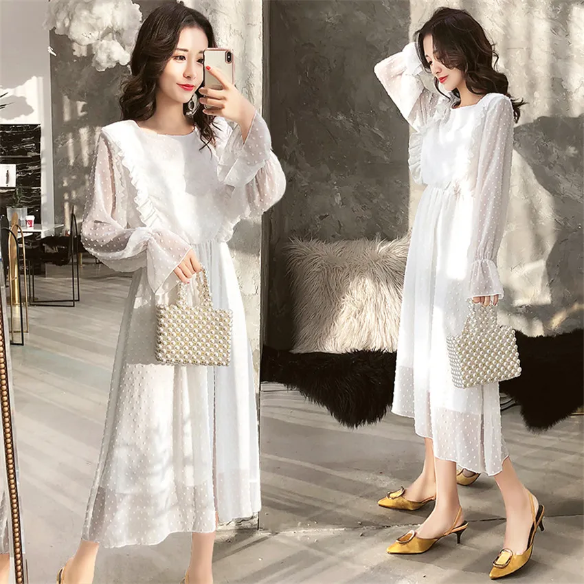 Шифоновое Платье длинное летнее платье белое Vestidos De Verano женское в горошек с
