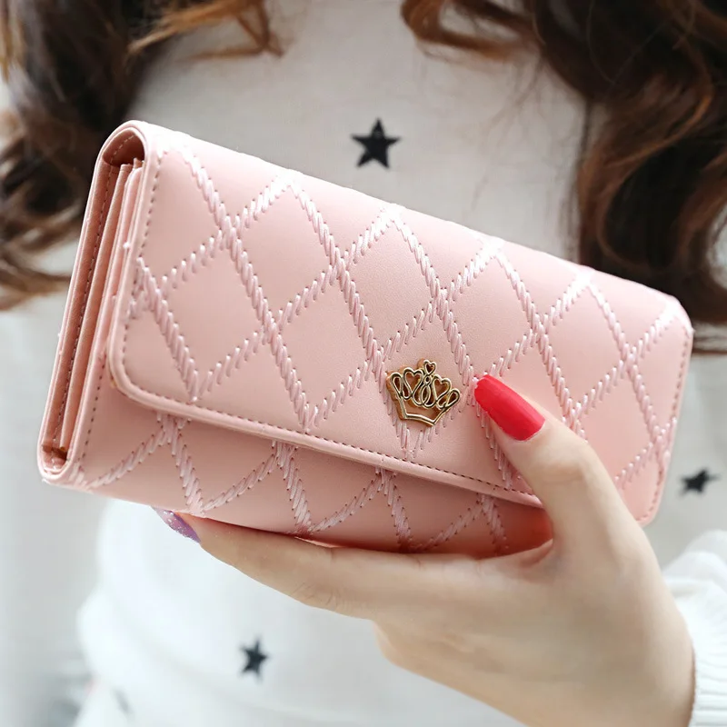 

Hot Selling Ms Wallet Long Korean-Style Closure Quilted Tri-Fold Crown Bill Clip Ms Clutch Wallet Card Holder