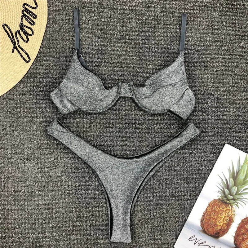 

Women Shining Silver Swimsuits 2019 Push-up Bikini Set Vintage Split Two Pieces Swimsuit Low Waist Triangle Swimwear