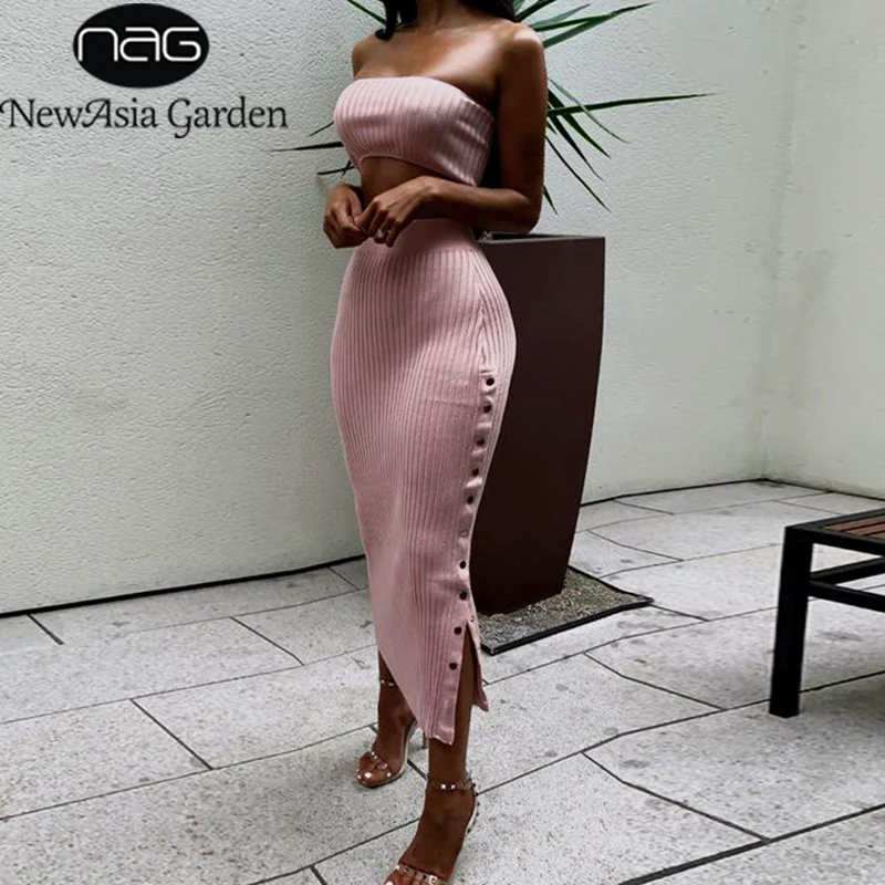 

NewAsia Sexy Strapless Two Piece Set Button Side Split Ribbed Knit 2 Piece Set Women Two Piece Outfits Crop Top And Skirt Set