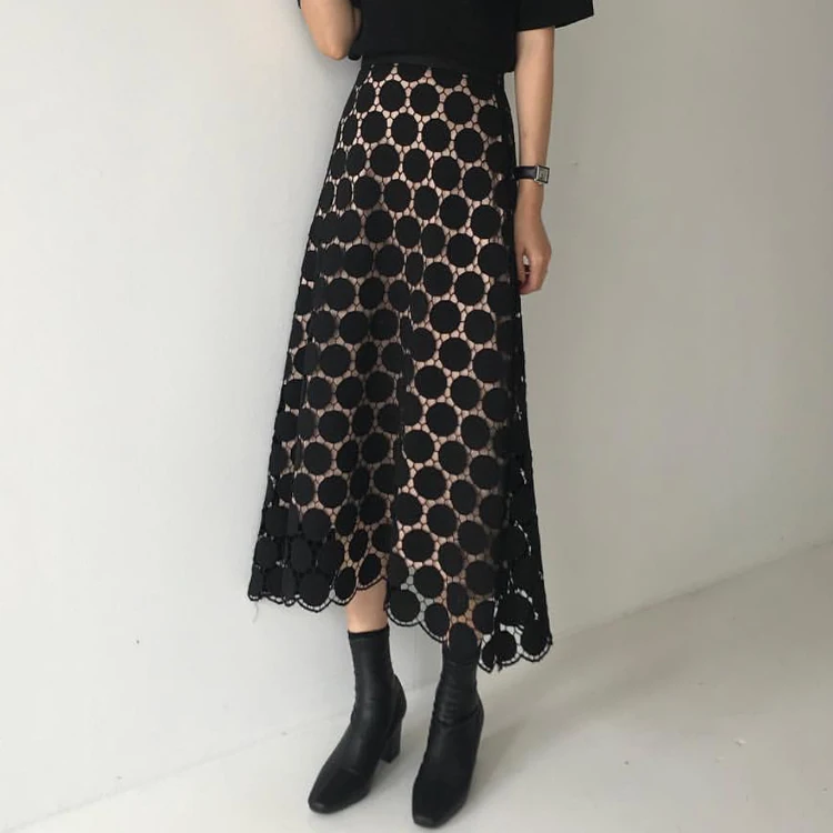 

[EWQ] 2020 Spring Summer New Pattern High Waist Solid Patchwork Lace Dot Print Mesh Long Loose High Street Skirt Women AE40700L