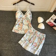 2019 Pyjamas Women Satin Sleepwear Flower Print Sleeveless Strap Silk Nightwear Lace Satin Cami Top Pajamas Sets Pijama lace panel satin cami pajamas set