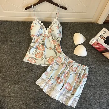 2019 Pyjamas Women Satin Sleepwear Flower Print Sleeveless Strap Silk Nightwear Lace Satin Cami Top Pajamas Sets Pijama palm leaf print ladder strap side racer cami top