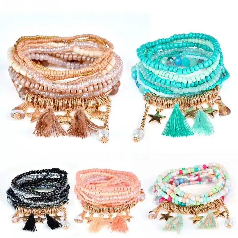 

Women Vintage Multi-layer Bohemia Ethnic Style Colorful Beads Tassels Bracelet