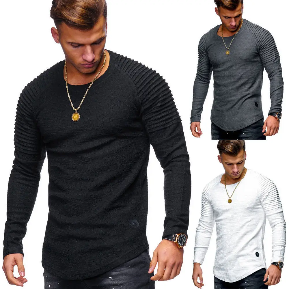 Pleated Shoulder Bamboo Stripe Solid Color Men's Long Sleeve T-Shirt Man Tee Big Size | Мужская одежда