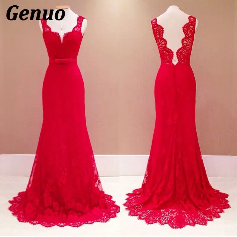 

Genuo Sexy Women Summer Dress 2018 Backless Bodycon Red Maxi Dress V Neck Elegant Party Dresses Female Lace Vestidos