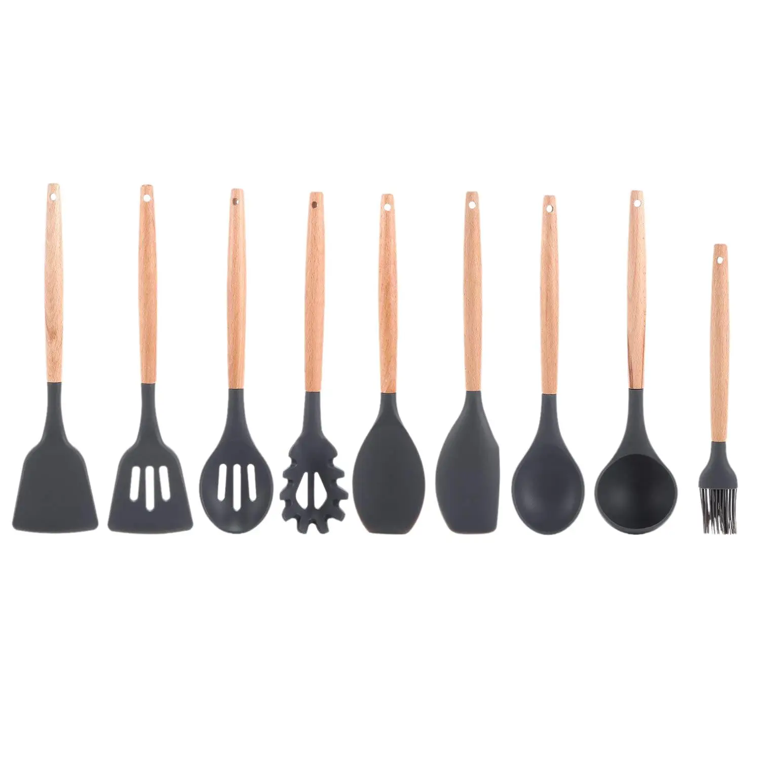 Silicone Cooking Utensils Set, Kitchen Utensil Set of 9 Packs Wooden Cooking Utensils, Rubber Spatula Spoon Set Tools for Cook
