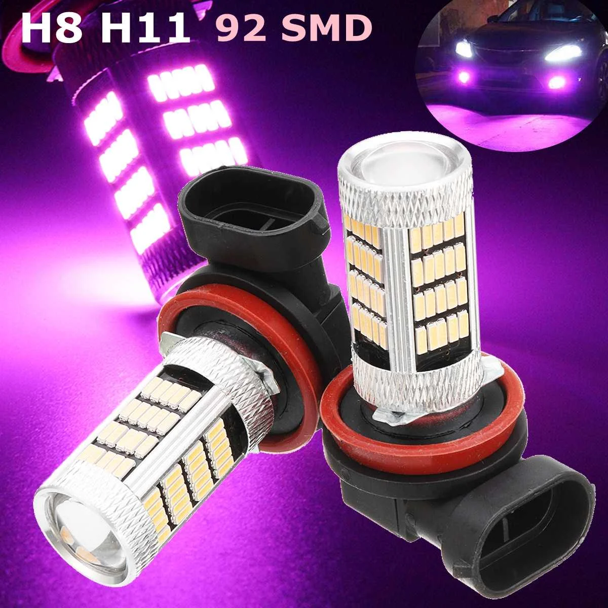 

2Pcs Pink Purple H8 H11 92 SMD Car DRL Auto Driving Fog Light LED Bulbs Lamp 46W Bright 6500K