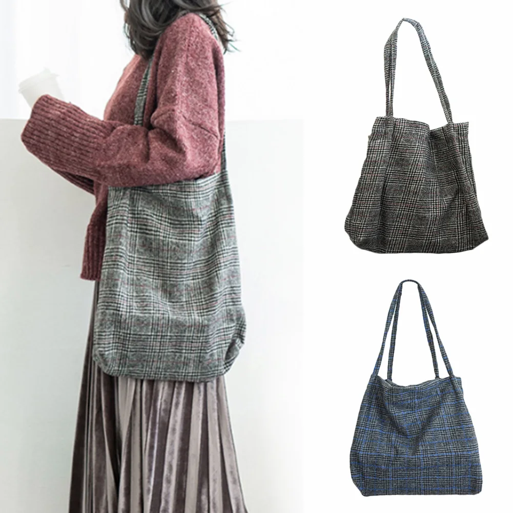 

2019 Autumn Women Woolen Canvas Shoulder bag Female Vintage Plaid Handbags Large Casual Totes Ladies Cotton Wool Shopping Bags