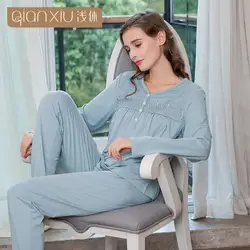 Qianxiu 2018 весенние женские пижамный комплект повседневное удобные Модальные пижамы для женщин Нежный кружево Одноцветное цвет