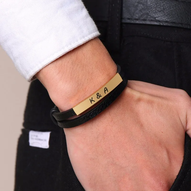

Gifts for Husband Bangle Personalized Engraved Black Double Leather Bracelets