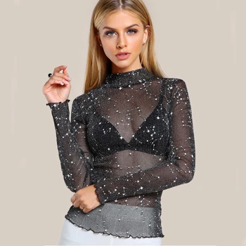 

Fashion Women Mesh Sheer See-through shirt wemen Long Sleeve Top Casual Shirt Blouse