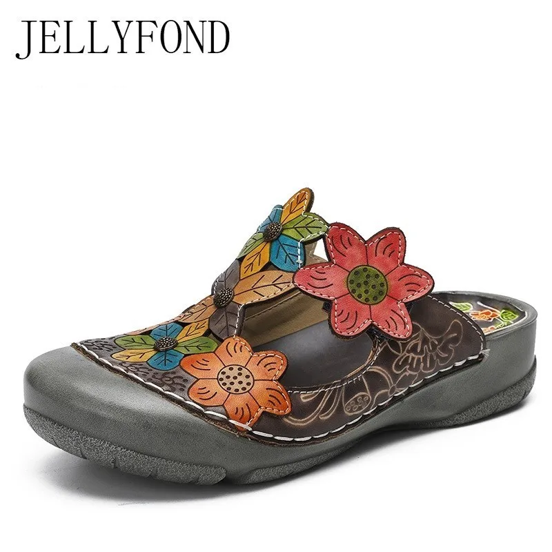 

JELLYFOND Designer Slides Women Genuine Leather Flat Slippers Flip Flops 2019 Vintage Handmade Flower Clog Shoes Woman Plus Size
