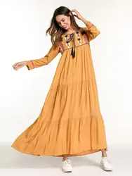2018 вышивка мусульманин Абаи платье Повседневное кисточкой 4/5 рукавом Для женщин макси длинное платье Винтаж Ближнего Востока арабского