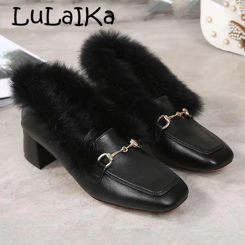 

New design Metal decoration leather Inside Warm Women Winter Fur Lined Moccasins Woman High Heel Shoes