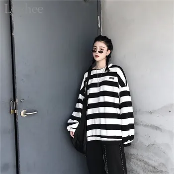 

Lychee Harajuku Hit Color Stripes Women Sweatshirt Long Lantern Sleeve O-Neck Female Sweatshirt Oversize Pullover