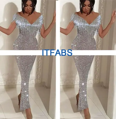

Women Sexy Deep-V Bodycon Sequin Dress Off Shoulder Tassel Solid Sleeve Formal Ankle Length Dress