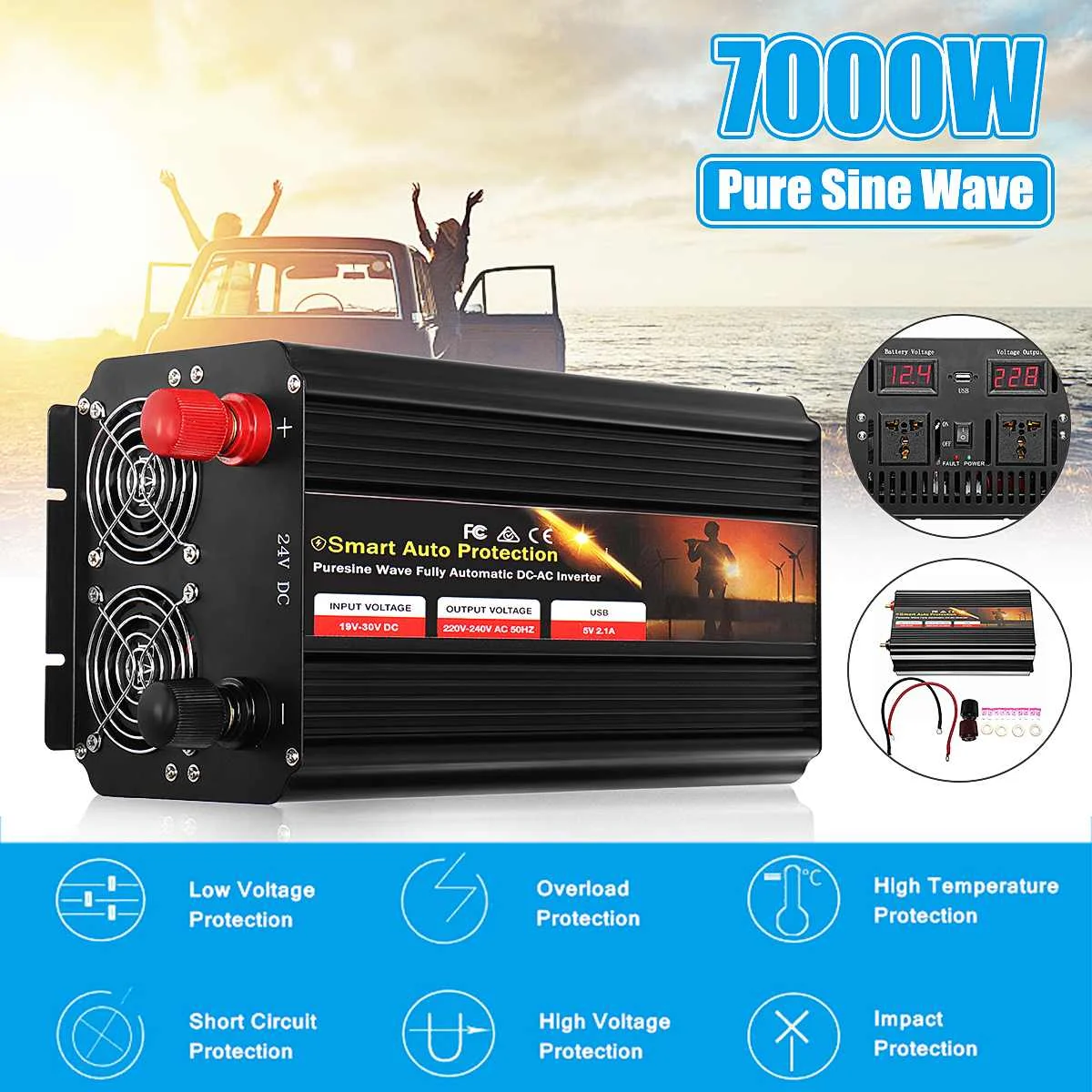 

P eak 7000W Double LCD Digital Display Pure Sine Wave Car Power Inverter Converter 12V/24V-220V Voltage Transformer Outdoor