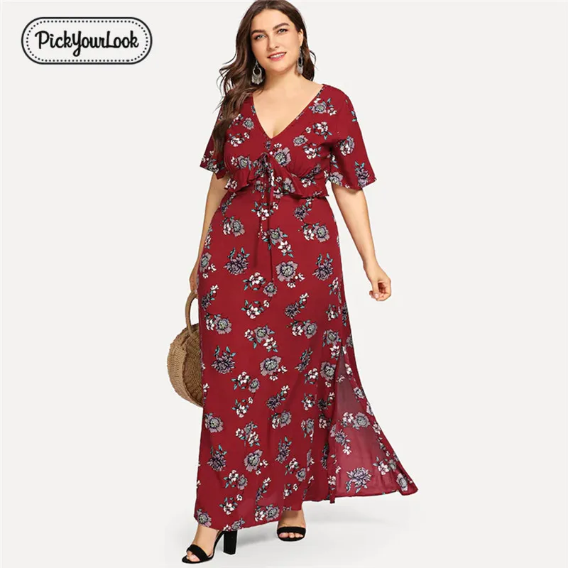 Pickyourlook Plus Size Dress For Women Summer Autumn Wine Red Female Robe Femme Floral Short Sleeve Lady Maxi Dresses Vestidos