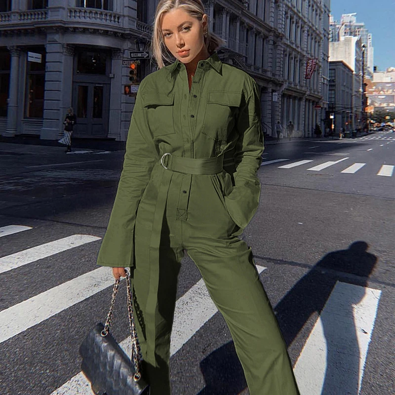 Winter Women Trendy Long Jumpsuit Belt Buttons Baggy Cargo Romper Long