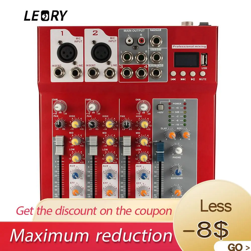 

LEORY Professional Bluetooth 4 Channel Karaoke Amplifier Microphone Audio Sound Mixing Mixer Console With USB 48V Phantom Power